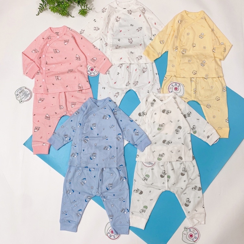 Bộ quần áo dài tay sơ sinh mùa hè điều hòa cúc cài lệch vải cotton mỏng Dokma 3-8kg