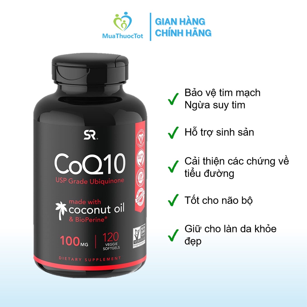 Viên Uống Hỗ Trợ Tim Mạch Sports Research CoQ10 100mg Kết Hợp Dầu Dừa và Hạt Tiêu Đen 120 viên