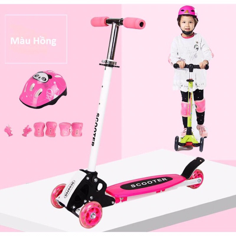 Bộ Xe Trượt Scooter 3 Bánh Cao Su Tự Điều Chỉnh Thế Hệ Mới + Kèm Bộ Bảo Hộ