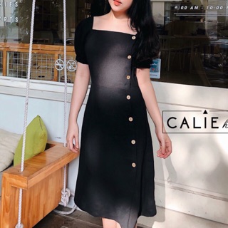 Đầm midi váy công sở màu đen cổ vuông form dài (kèm hình thật)