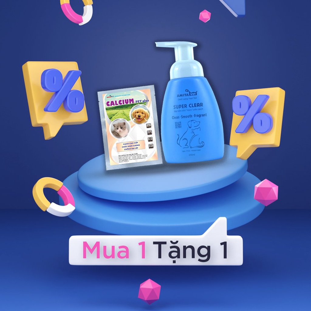 Bọt tắm khô cho chó mèo Super Clear Amitavet giúp dưỡng lông khử mùi làm sạch cơ thể thú cưng chai 250ml