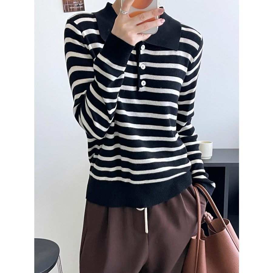 【ZHELIHANGFEI】Áo Len POLO Tay Dài Form Rộng Họa Tiết Sọc Dễ Phối Đồ