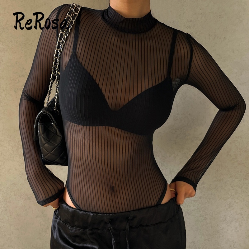 Rerosa Bộ Áo Liền Quần Dài Tay Phối Lưới Ôm Dáng Cắt Xẻ Quyến Rũ Cho Nữ | BigBuy360 - bigbuy360.vn