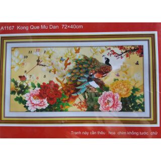 Tranh thêu chữ thập đồng hồ chim công A1167 (chưa thêu)