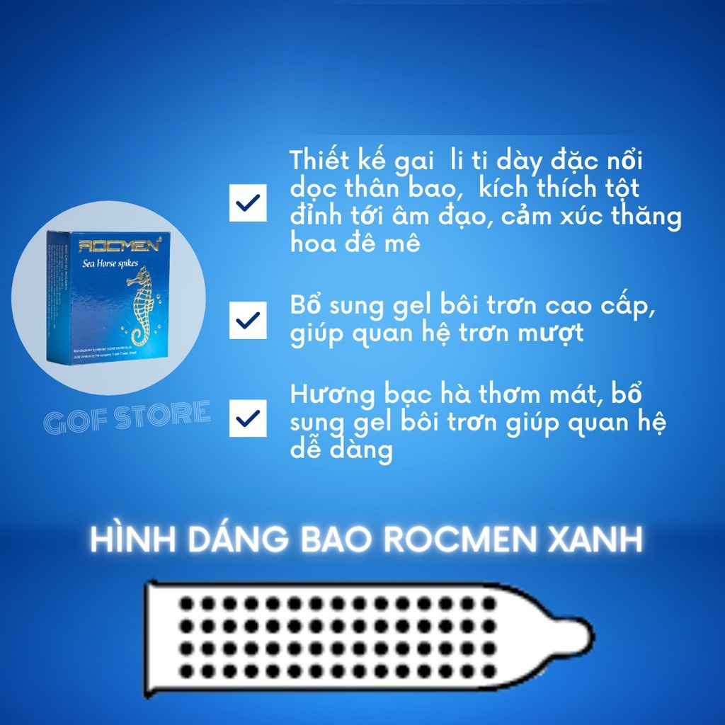 Bao cao su gai Rocmen Cá ngựa xanh chính hãng siêu mỏng kéo dài thời gian chống xuất tinh sớm hộp 10 chiếc Nakisa