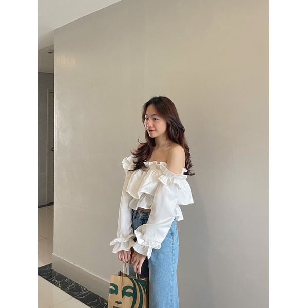 Áo trễ vai trắng tiểu thư bo chun hai tầng