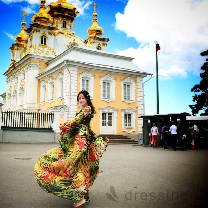 Đầm dáng dài cổ chữ V họa tiết hoa xinh xắn thời trang cho nữ