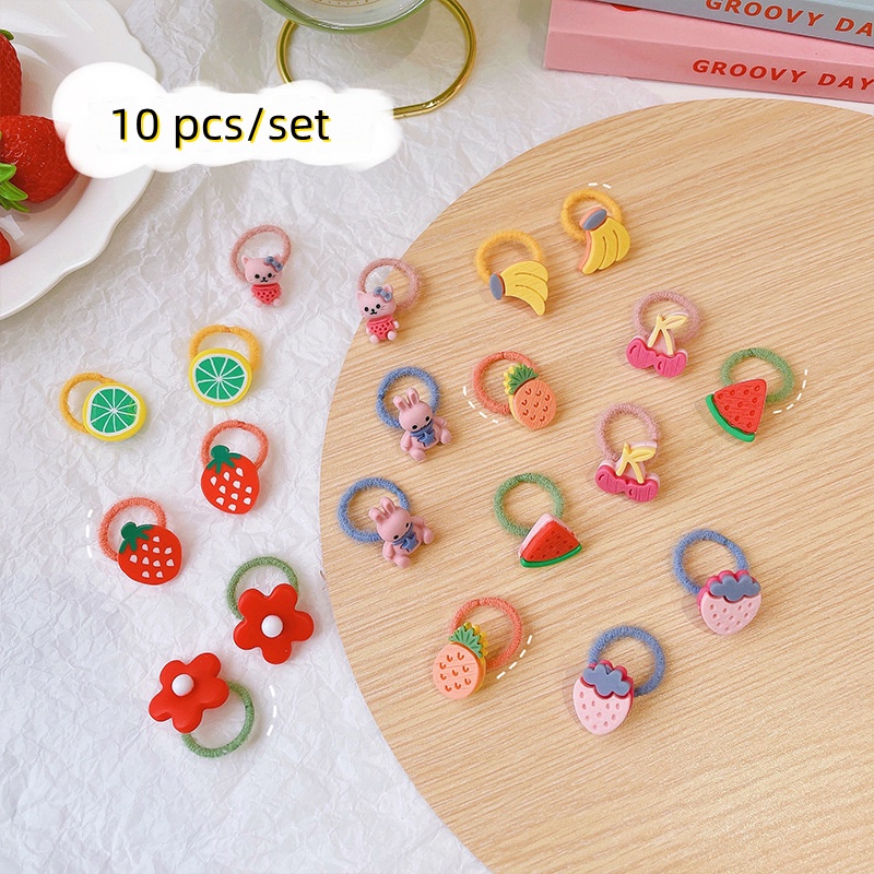 Set 10 Dây Cột Tóc Co Giãn Họa Tiết Trái Cây Cầu Vồng Phong Cách Hàn Quốc Cho Bé Gái