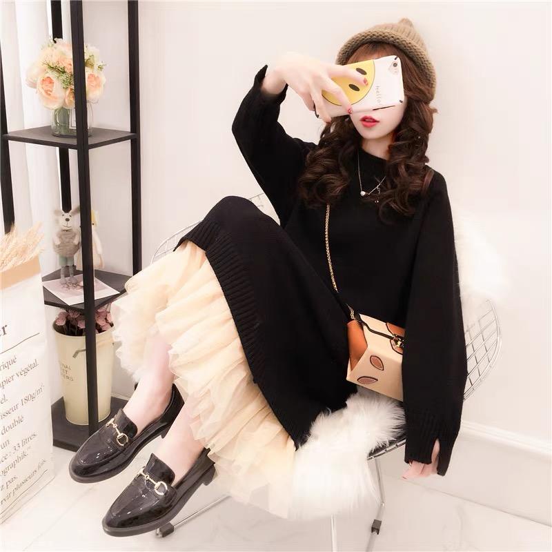 MS838 Váy đầm len nữ trơn chân ren 2 tầng tiểu thư