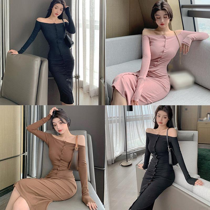 Đầm dáng dài trễ vai màu trơn thời trang Hàn Quốc gợi cảm cho nữ