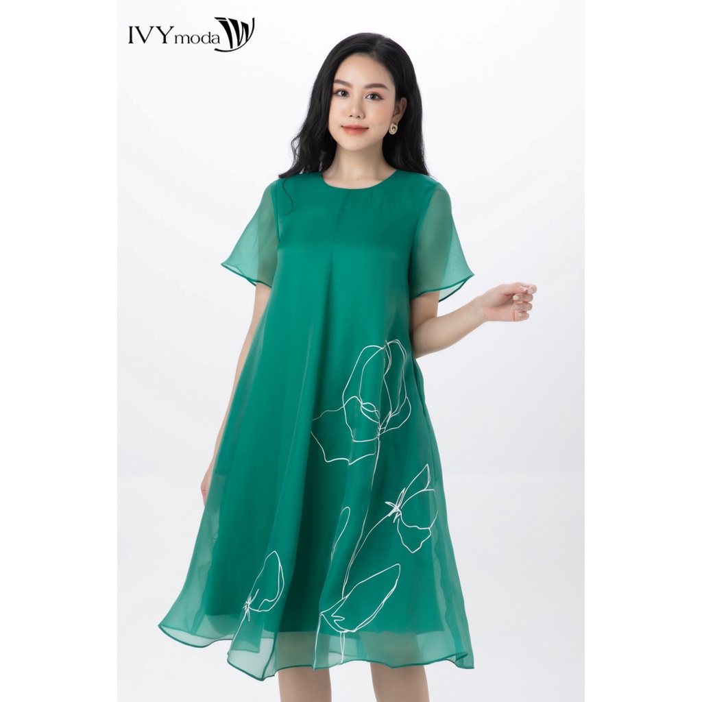 Đầm lụa bay phối line hoa IVY moda MS 48M7490