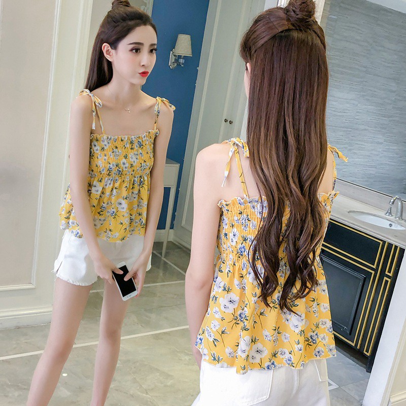 [Baywellfashion]Women's Spaghetti Strap Floral Print Lace Up Ruched Camisole | BigBuy360 - bigbuy360.vn