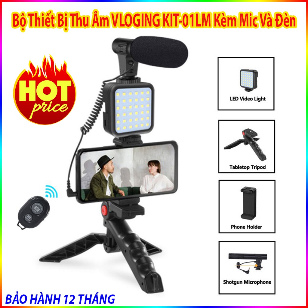 Gậy live stream, quay phim, chụp ảnh 3 chân kèm micro - Bộ thiết bị Vlog cho điện thoại bao gồm mic thu âm và đèn Led