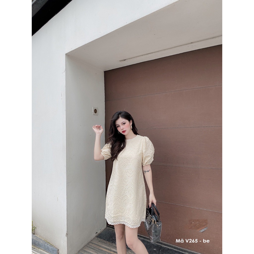 Váy suông phối ren, cổ tròn, tay phồng bo chun, đầm xuông freesize 3 màu vàng, trắng, be mã V265 - Michi's House | BigBuy360 - bigbuy360.vn
