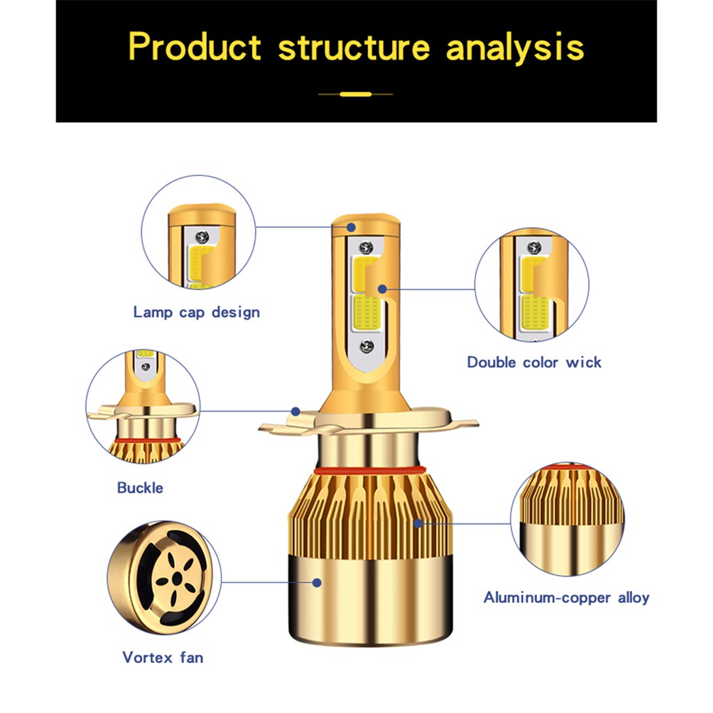 2 cái C6 2 màu Đèn pha LED Bóng đèn kép H4 Hi-Lo Light 76W 9600LM H1 H3 H7 HB3 HB4 9004 9005 Đèn pha ô tô tự động COB