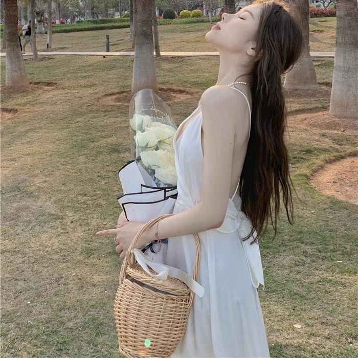 [MURIOKI] Đầm Hai Dây Hở Lưng Màu Trắng Phong Cách Pháp Thời Trang Đi Biển Quyến Rũ Cho Nữ