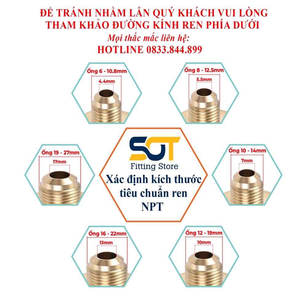 Bộ Nối Thẳng Ren Trong 1/2  Côn Lồi Lắp Lã Ống Đồng NPT Phi 12 16 19mm (Brass Flare Fitting Female Connector