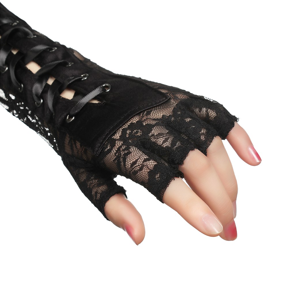 CACTU 1 Pair Women Punk Gothic Mittens Night Club Lace Gloves Halloween Gloves Party Cosplay New Fashion Long Ritual Dance Fingerless Silk Ribbon