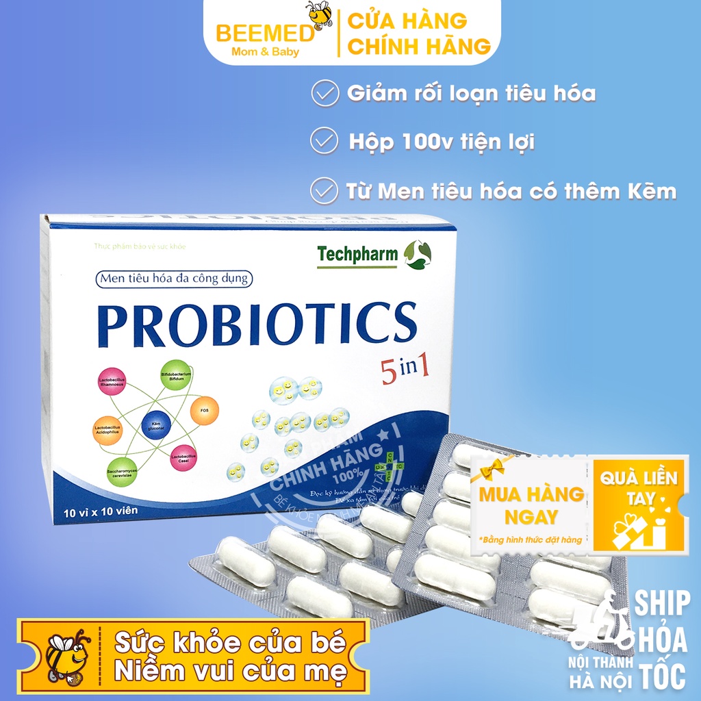 Probiotics hộp 100 viên Men tiêu hóa, chứa vi sinh lợi khuẩn và kẽm, hỗ trợ giảm rối loạn tiêu hóa, giảm táo bón