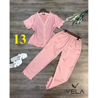 Bộ đồ ngủ quần dài phối Ren Cổ Tim lụa Satin VELA