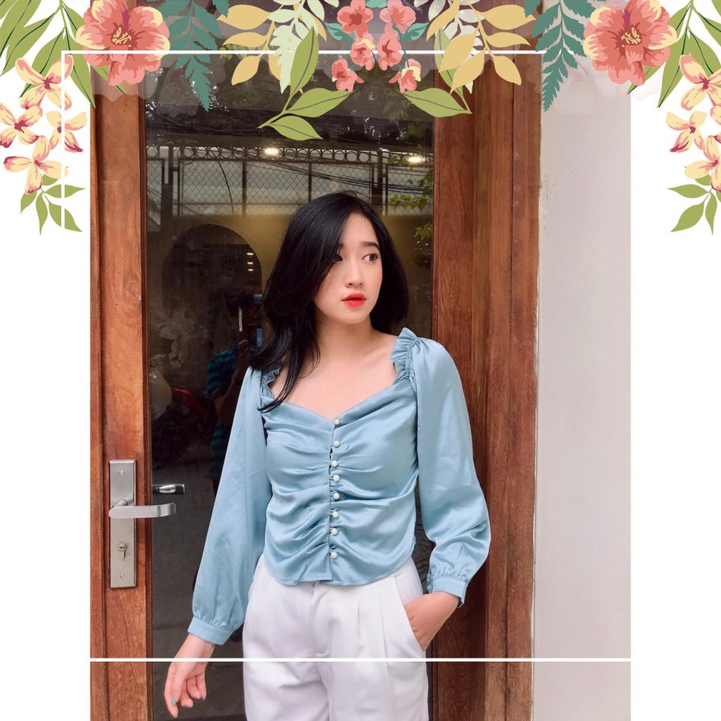 Áo nhún ngực tay lỡ tay dài màu xanh | BigBuy360 - bigbuy360.vn