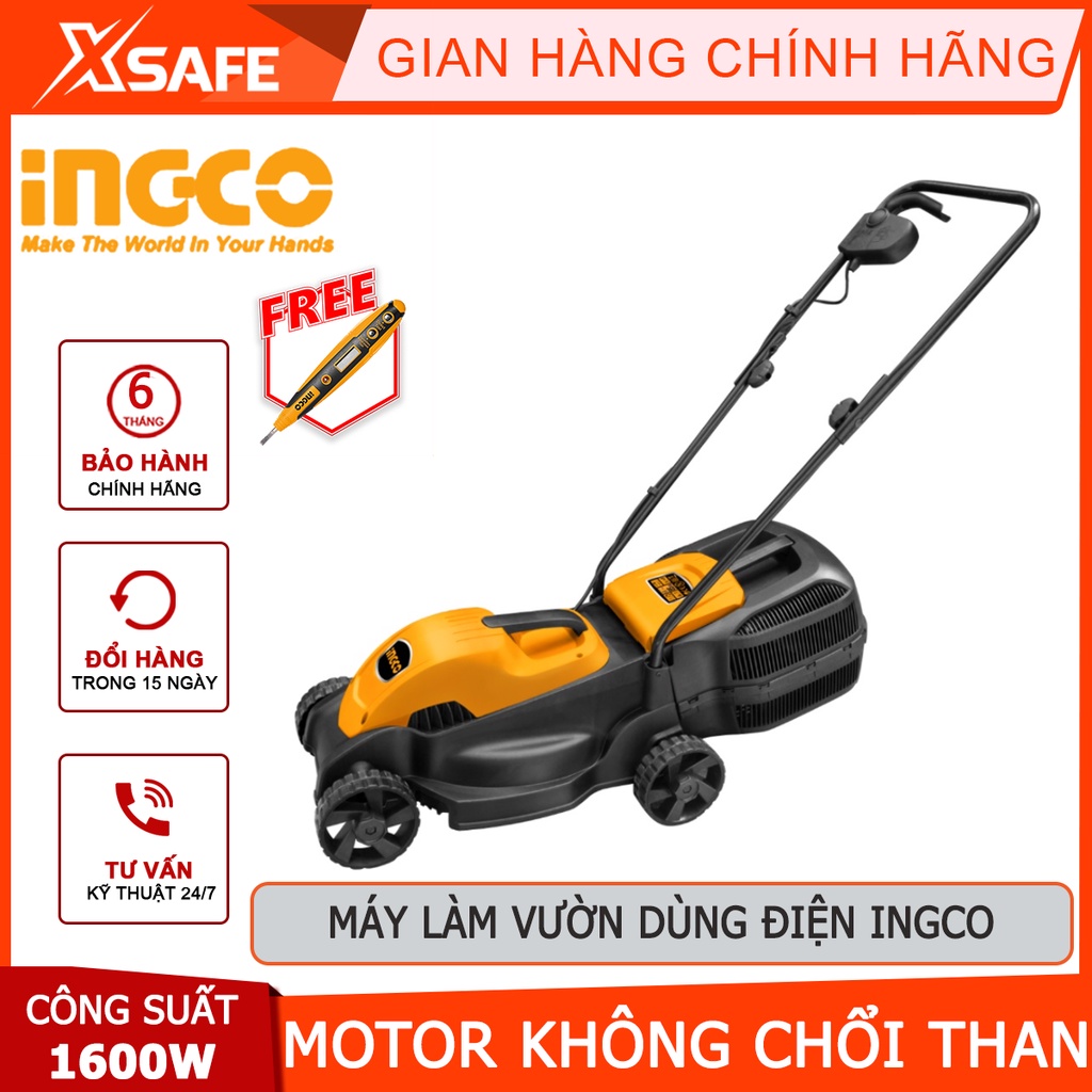 Xe đẩy cắt cỏ INGCO LM385 Máy làm vườn dùng điện 1600W, tốc độ định mức 3500rpm, kích thước hộp cỏ 45L, dây điện 0.35m