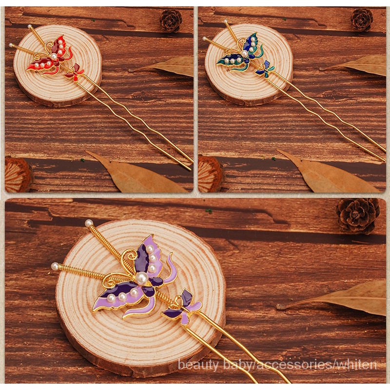 Cặp trâm cài tóc đính hạt hình bướm màu xanh dương phong cách Trung Hoa linh hoạt cổ điển thời trang mùa xuân