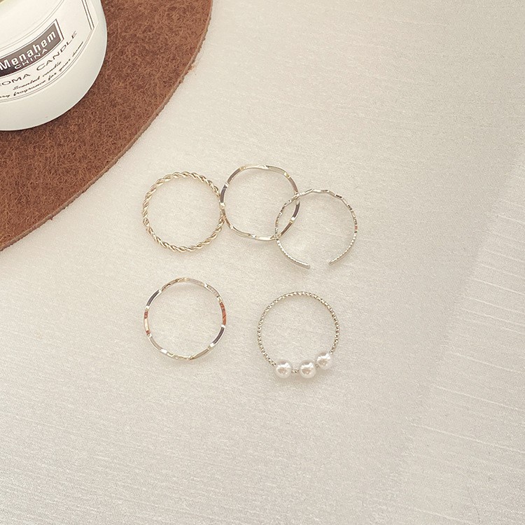 Set 5 Nhẫn Mạ Vàng Đính Ngọc Trai Nhân Tạo Phong Cách Hàn Quốc