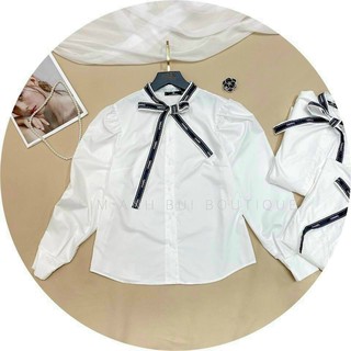 áo sơ mi trắng cổ nơ viền
