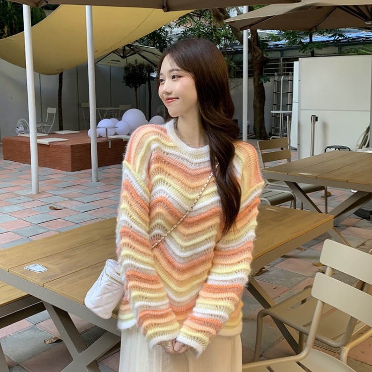 Áo Sweater Dệt Kim Tay Dài Khoét Lỗ Họa Tiết Kẻ Sọc Nhiều Màu Thời Trang Mùa Thu Phong Cách Phương T