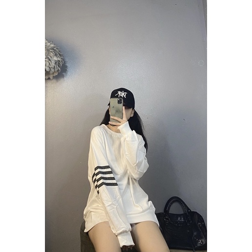 [Ảnh Thật] Áo Thun Nỉ Da Cá Dài Tay Unisex 1 Bên Tay Kẻ 2 Màu Xám/Trắng | BigBuy360 - bigbuy360.vn