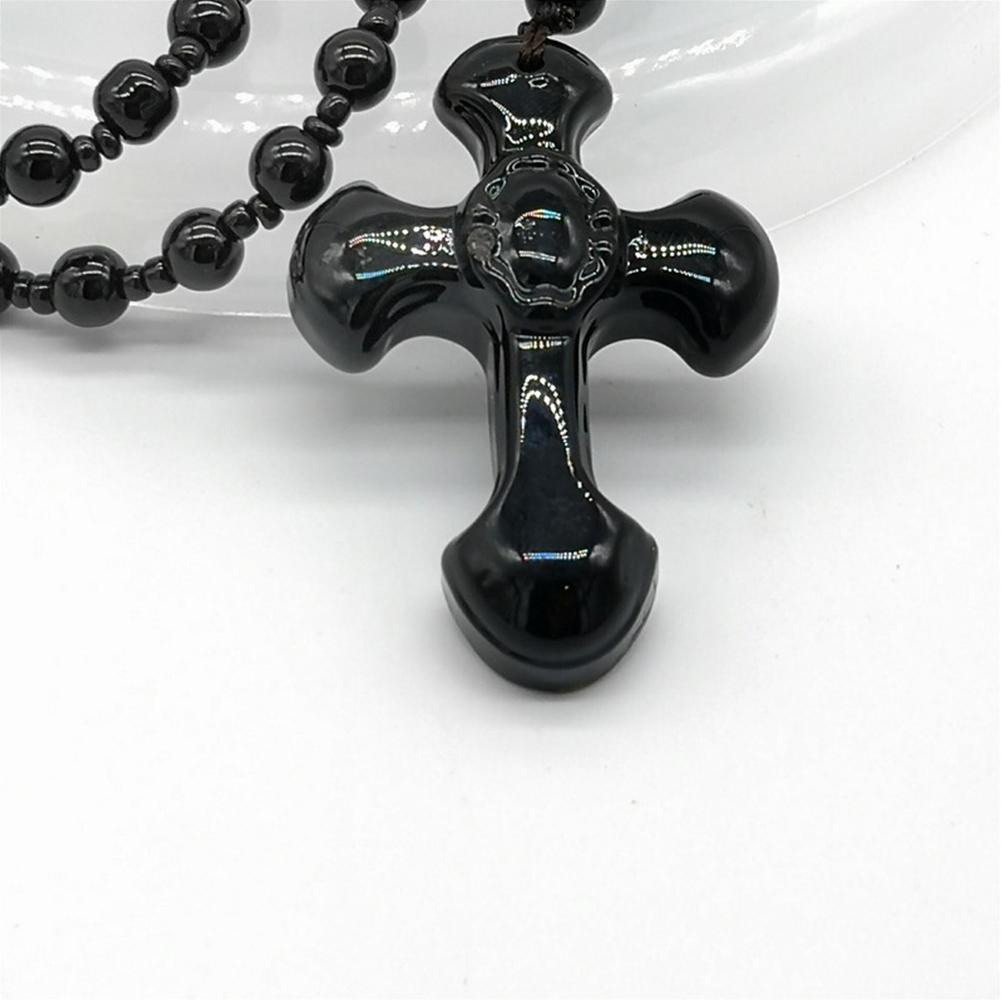 Chuỗi Hạt Đá Obsidian Tự Nhiên Màu Đen Chạm Khắc Chữ Thập May Mắn I3Y6