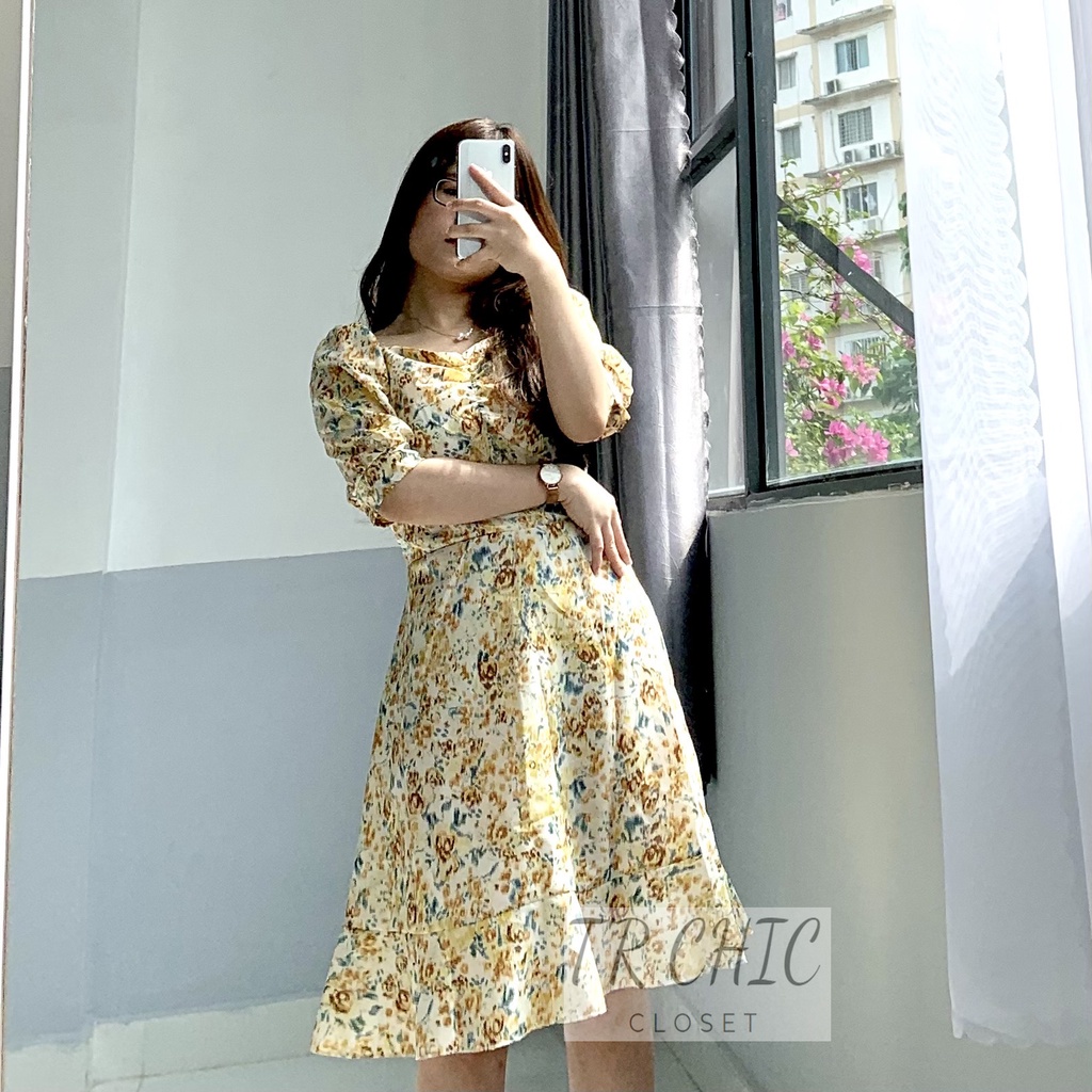 Đầm Váy Nữ Voan Tay Phồng Họa Tiết Hoa Nhí Đuôi Cá Chữ A Cổ Vuông