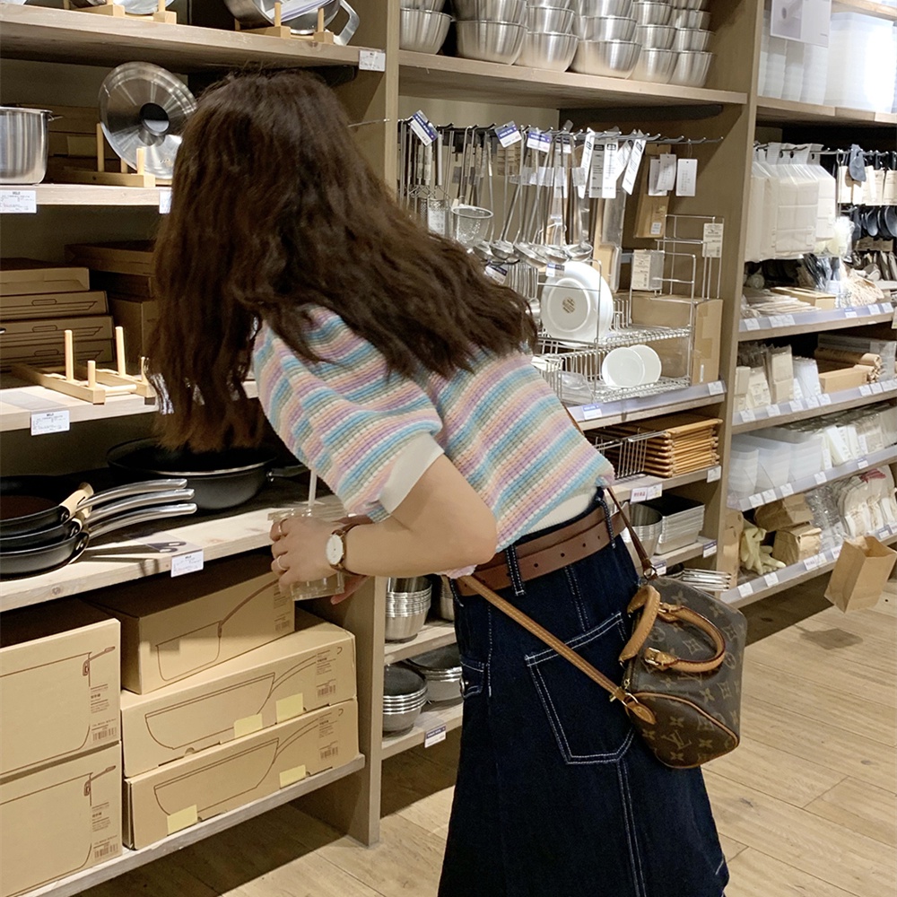 Áo Thun Tay Ngắn Phồng Họa Tiết Sọc Thời Trang Dành Cho Nữ