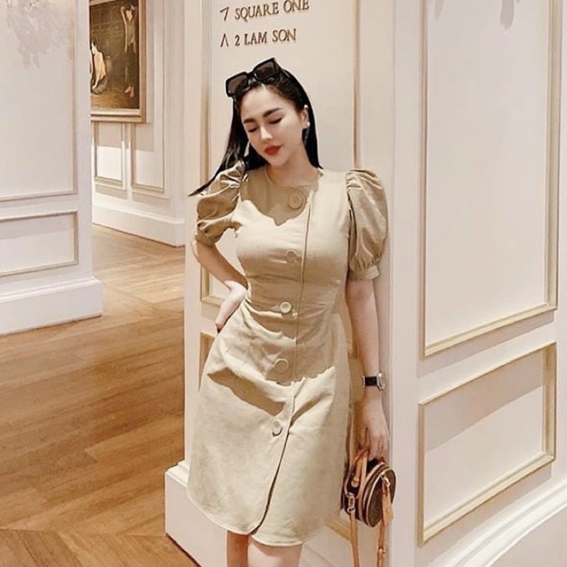 Đầm tiểu thư công sở du lịch tay phồng nút bọc dáng ngắn