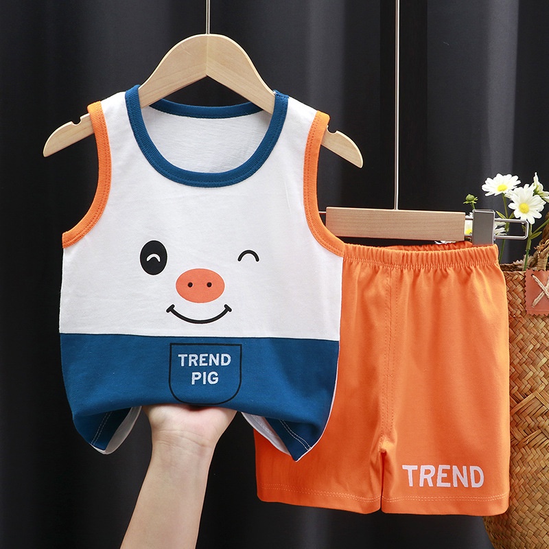 Set trang phục SANITKUN áo thun sát nách và quần đùi cotton in họa tiết hoạt hình đáng yêu dành cho bé trai và bé gái
