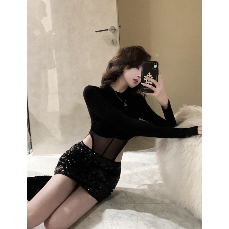 Áo Dệt Kim Tay Dài/Chân Váy Lưng Cao Đính Kim Sa Quyến Rũ Thời Trang Cho Nữ