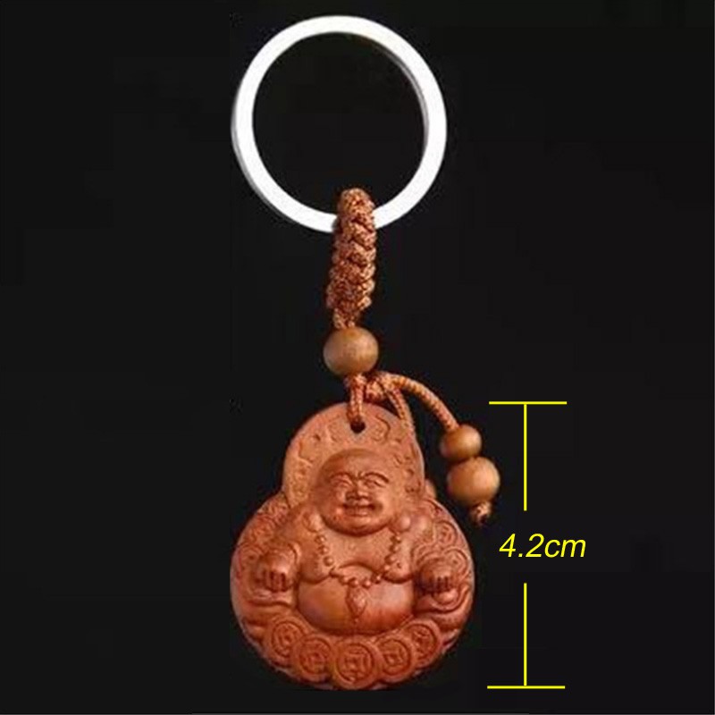 Móc khóa tượng Phật cười gỗ đào đuổi tà khí xua tan tai họa