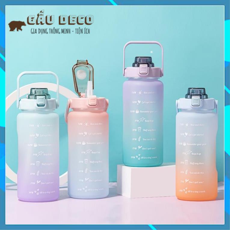 Bình nước 2 lít chia vạch siêu kute [FREESHIP]  Báo giờ uống nước dễ thương cute thể thao có ống hút