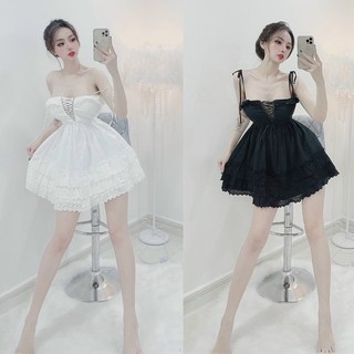 ĐẦM XOÈ TẦNG REN XÔ ĐAN NGỰC CỘT NƠ VAI TIỂU THƯ XINH XẮN - QANU270