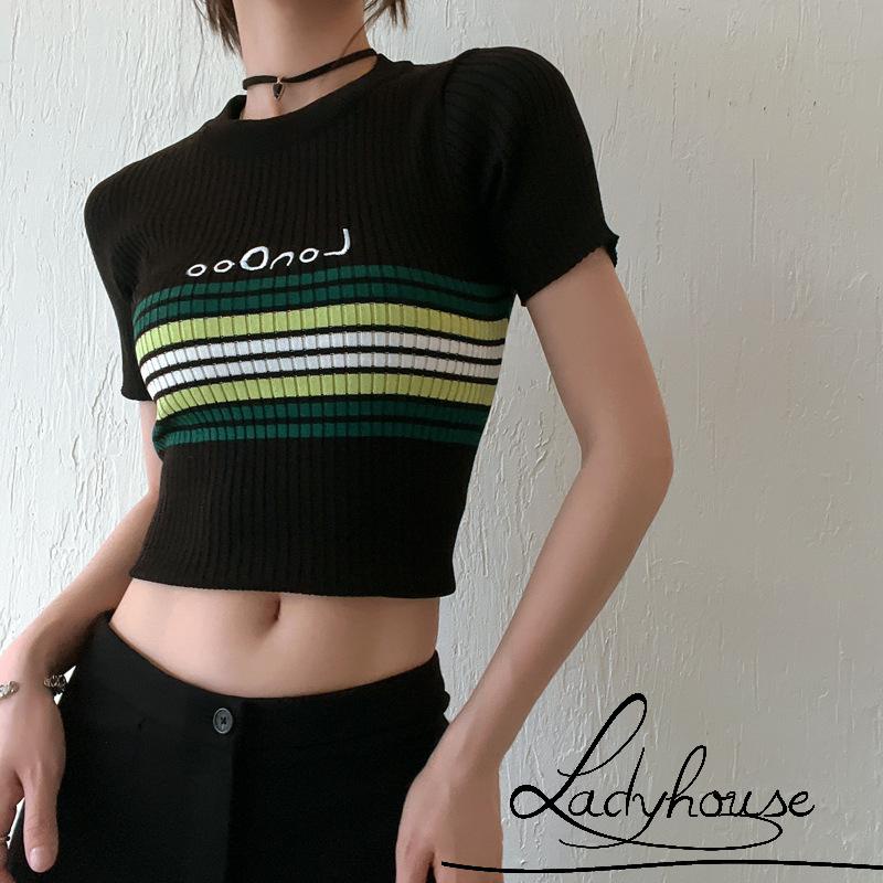 Áo Croptop Dệt Kim Tay Ngắn Cổ Tròn Họa Tiết Kẻ Sọc Thời Trang Mùa Hè Cho Nữ