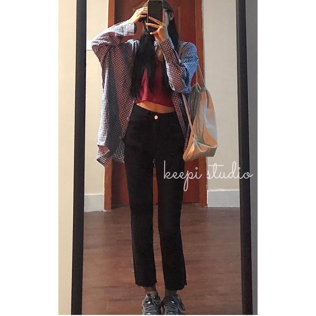 Quần Jeans Nữ Đứng Đen Co Giãn Hàn Quốc KEEPI Quần Kaki Lưng Cao Ống Suông - Hàng nhập khẩu