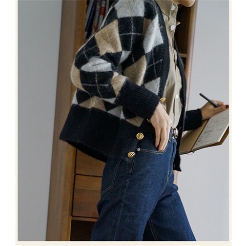 Áo khoác cardigan dệt kim dáng ngắn họa tiết vân kim cương kiểu Pháp retro dễ thương cho nữ