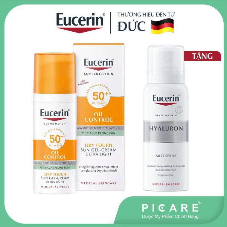 [CHÍNH HÃNG] Combo Eucerin kem chống nắng cho da nhờn mụn Sun Oil Dry Touch SPF50+50ml &amp; xịt khoáng dưỡng ẩm Hyaluron 50