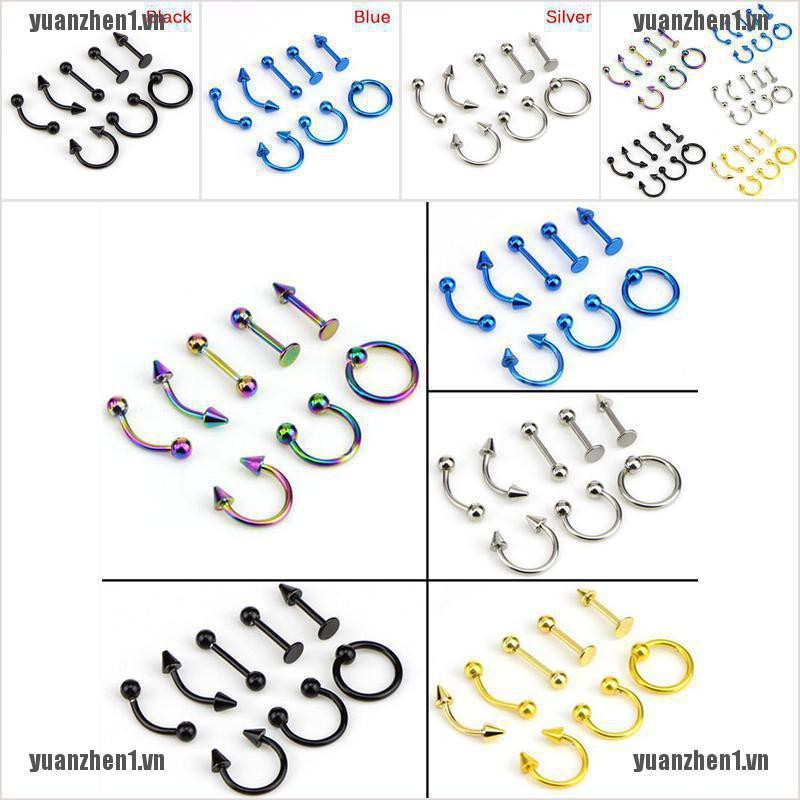 Set 8 Khuyên Xỏ Bằng Thép Không Gỉ 16G YUANZHEN1