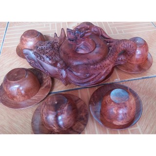 Bộ ấm chén gỗ hương đục hình rồng- TẶNG HỘP TĂM GỖ HƯƠNG