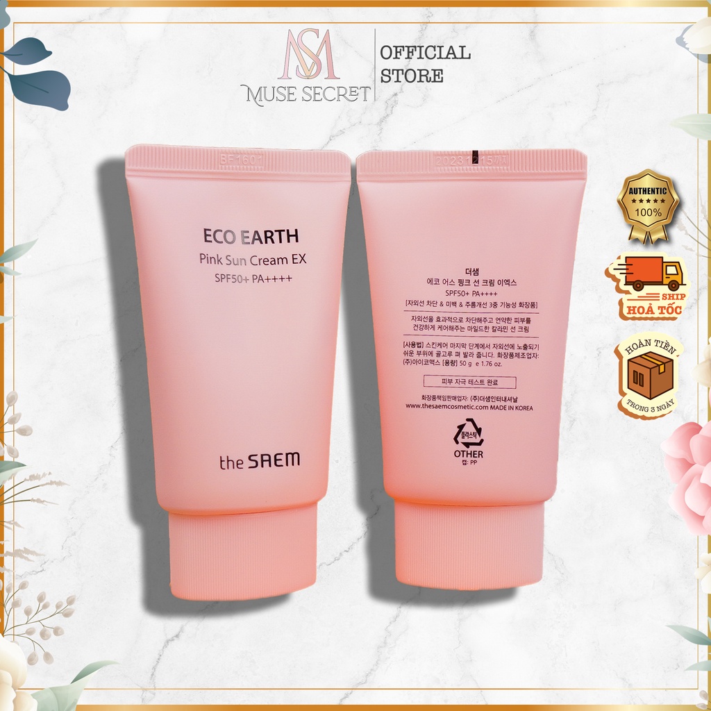 [Quà Tặng Khẩu Trang] Kem Chống Nắng The Saem - Eco Earth Pink Sun Cream SPF50+ PA++++ 50g [Mẫu mới]