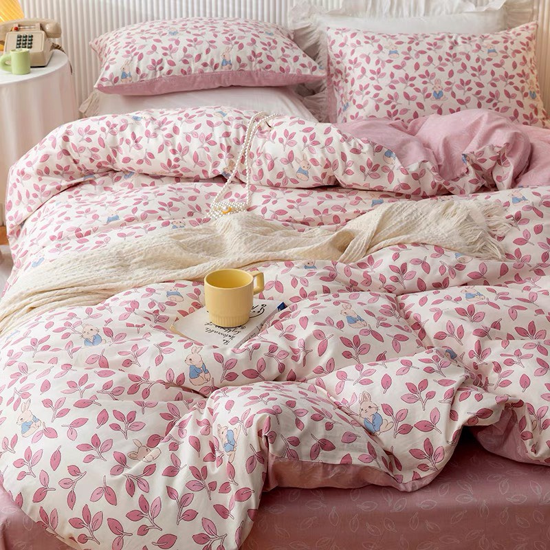 Bộ 4 Món Chăn Ga Gối Cotton Living Thỏ Lá Hồng