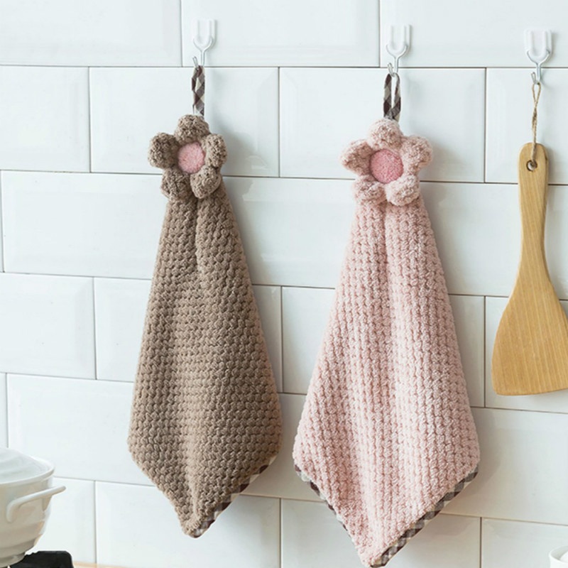 Khăn Lau Tay Cotton Mềm Mại Thấm Hút Tốt Họa Tiết Bông Hoa Màu Trơn Dành Cho Nhà Bếp