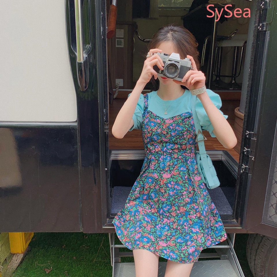 One Piece Summer Women Short Sleeve Blue Floral Midi Dress